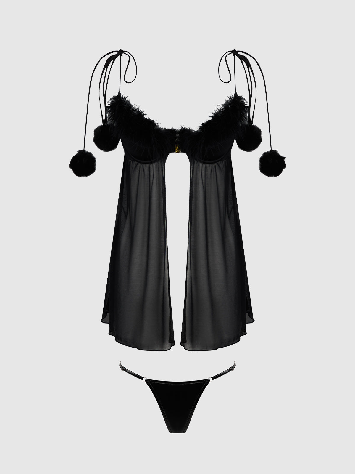 House of Desire Marilyn Marabou & Mesh Babydoll & G-String Set - Black - product view