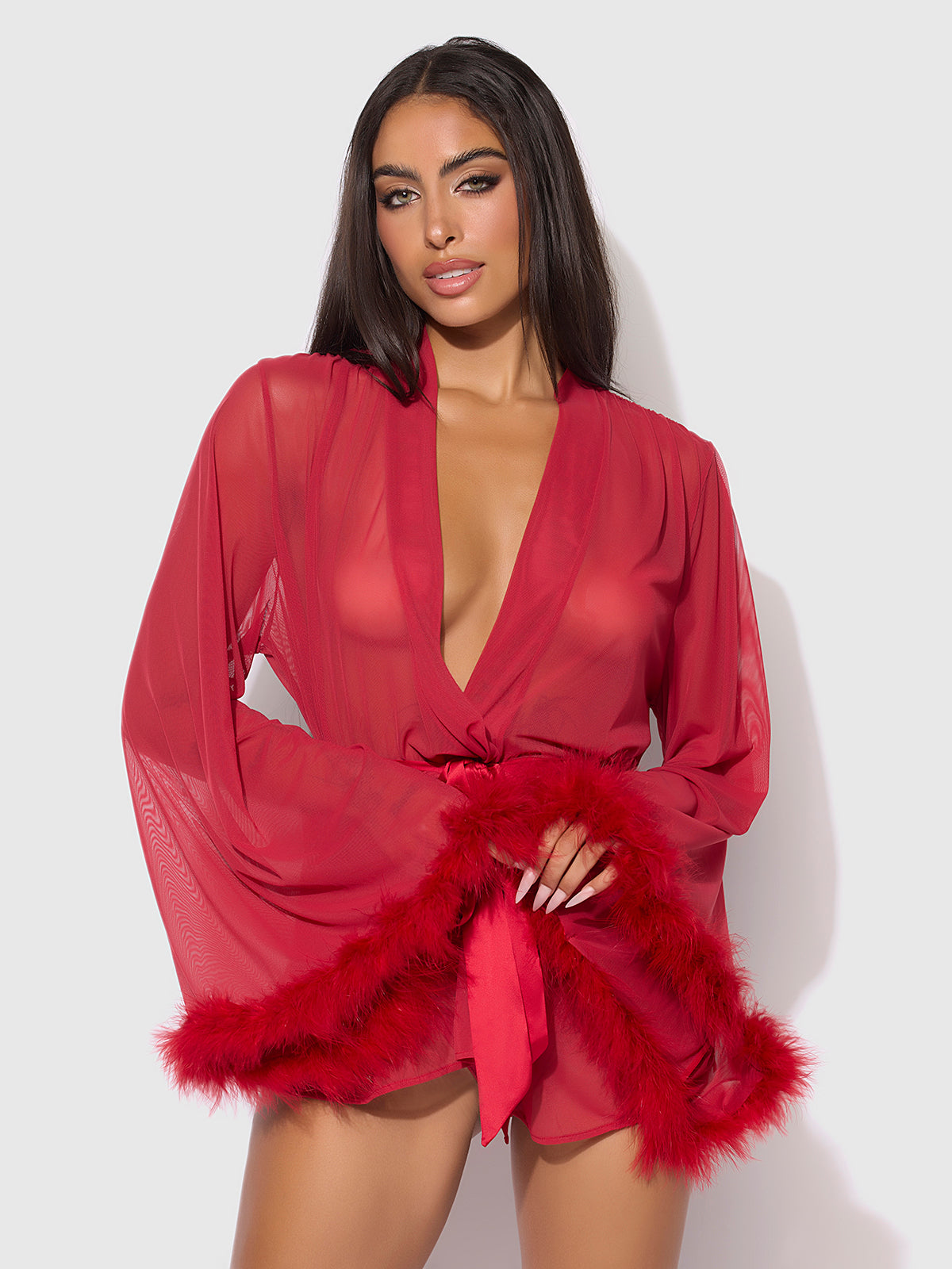 House of Desire Marilyn Marabou & Mesh Short Robe - Red - product view
