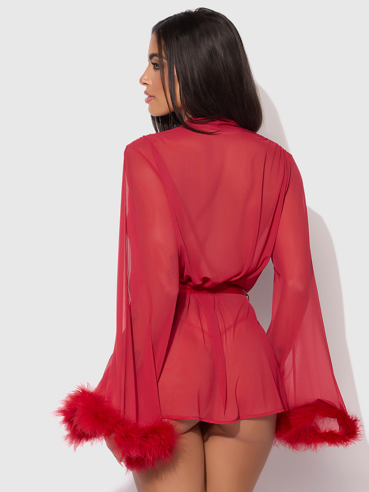 House of Desire Marilyn Marabou & Mesh Short Robe - Red - product view