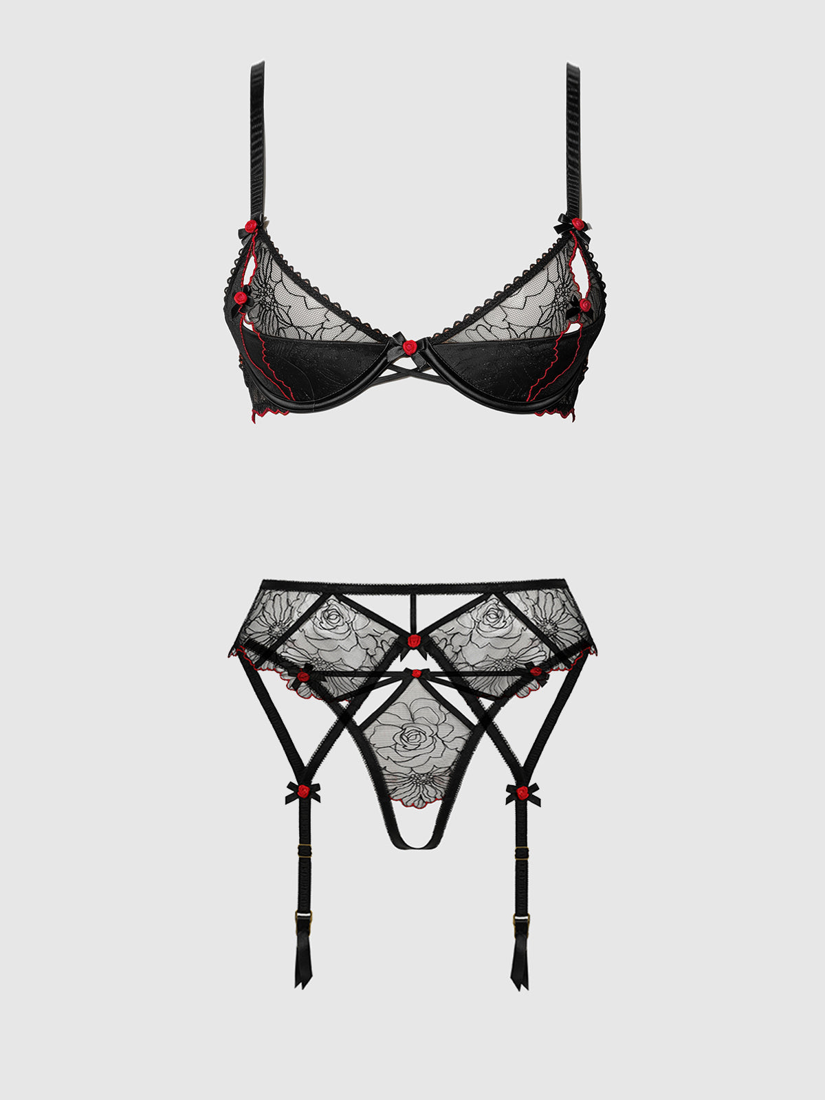 House of Desire Ilena Embroidered Tulle Bra, Garter & Crotchless Bikini - Black - product view