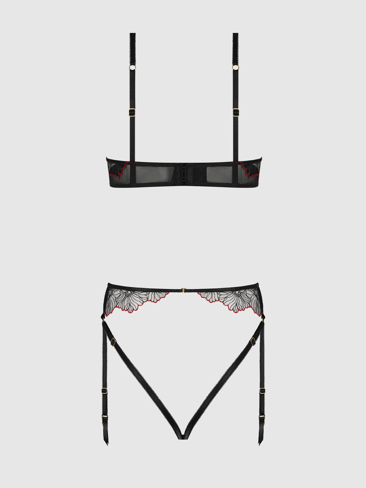 House of Desire Ilena Embroidered Tulle Crotchless & Open Back Teddy - Black - product view