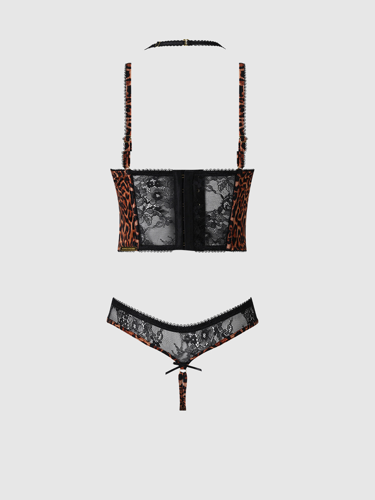 House of Desire Devon Leopard and Lace Crotchless Teddy - Brown - product view