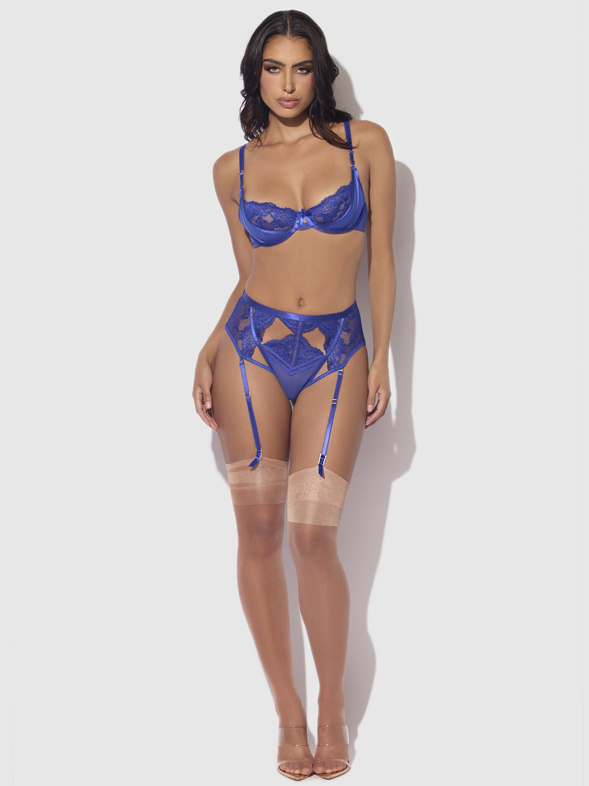 House of Desire Harlow Lace Underwire Bra & High Waist Backless Panty Set - Blue - model wearing the product