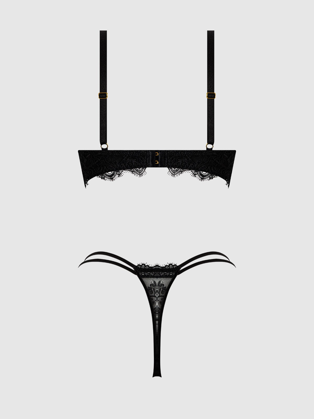 House of Desire Jocelyn Lace & Satin Push Up Bra Strappy Thong Set - Black - product view 10
