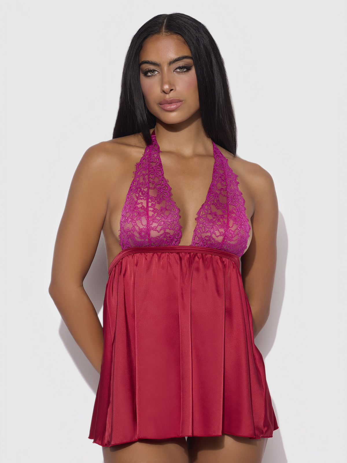 House of Desire Jocelyn Lace & Satin Drop Off Babydoll & G-String Set - Red - model wearing the product