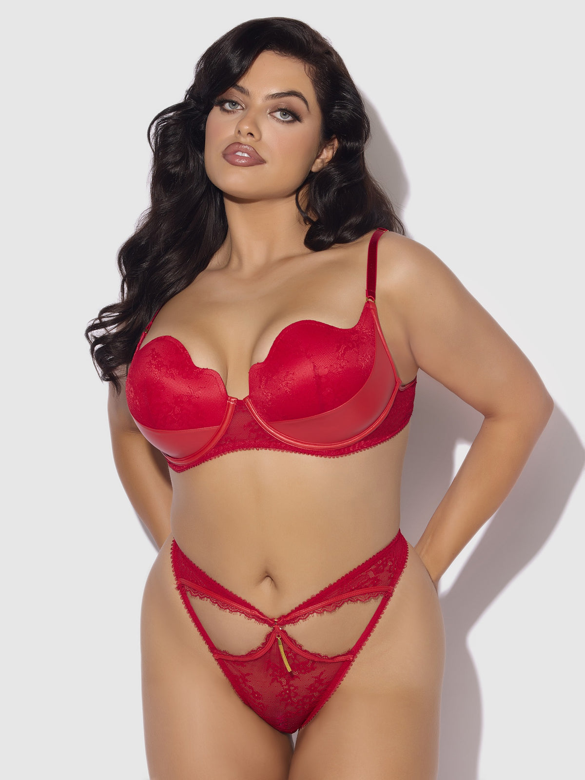 House of Desire Kiki Lace & Faux Leather Balconette & Open Back Hipster Set - Red - product view 12