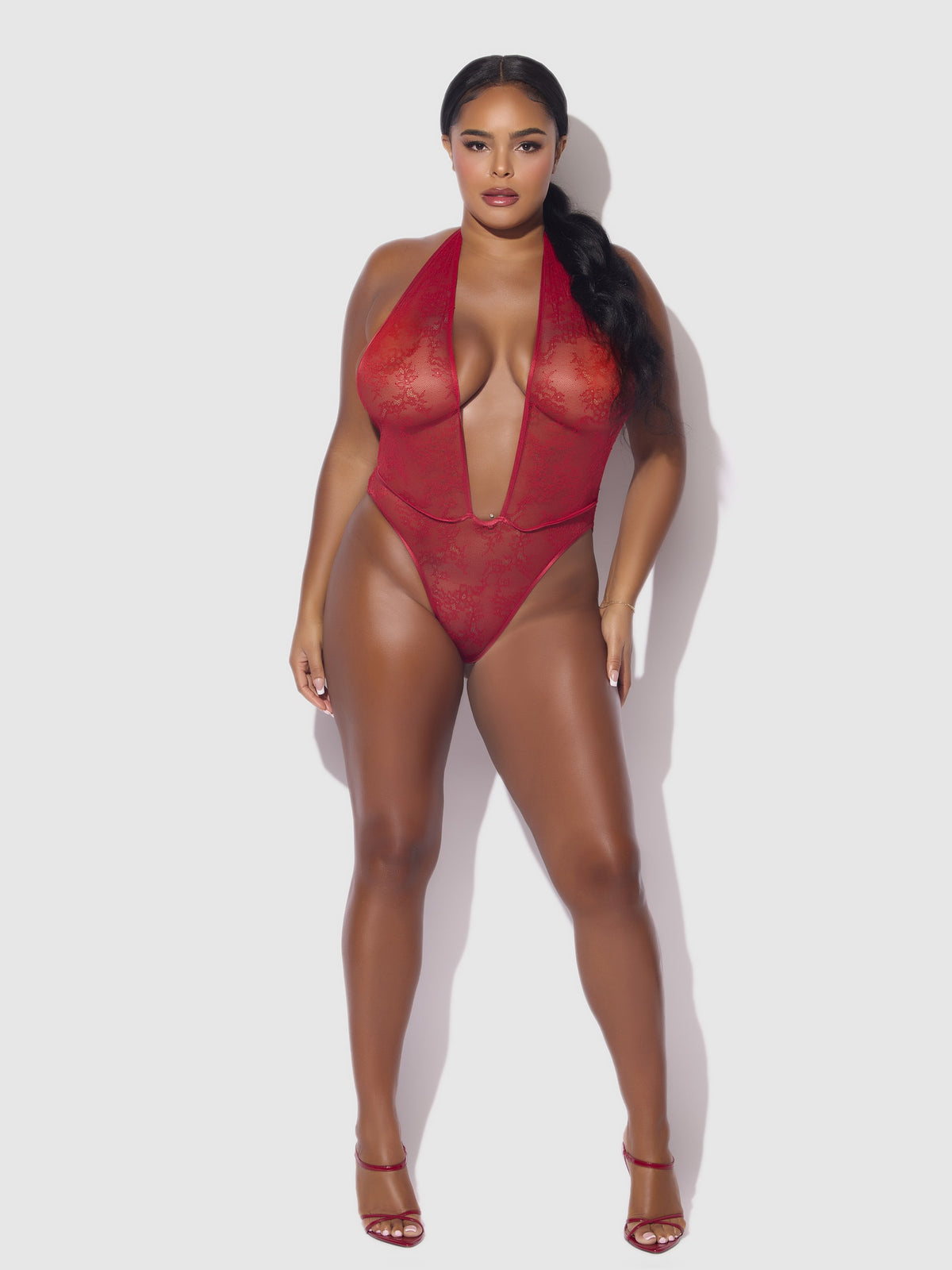 House of Desire Kiki Lace Plunge Halter Teddy - Red - product view 5
