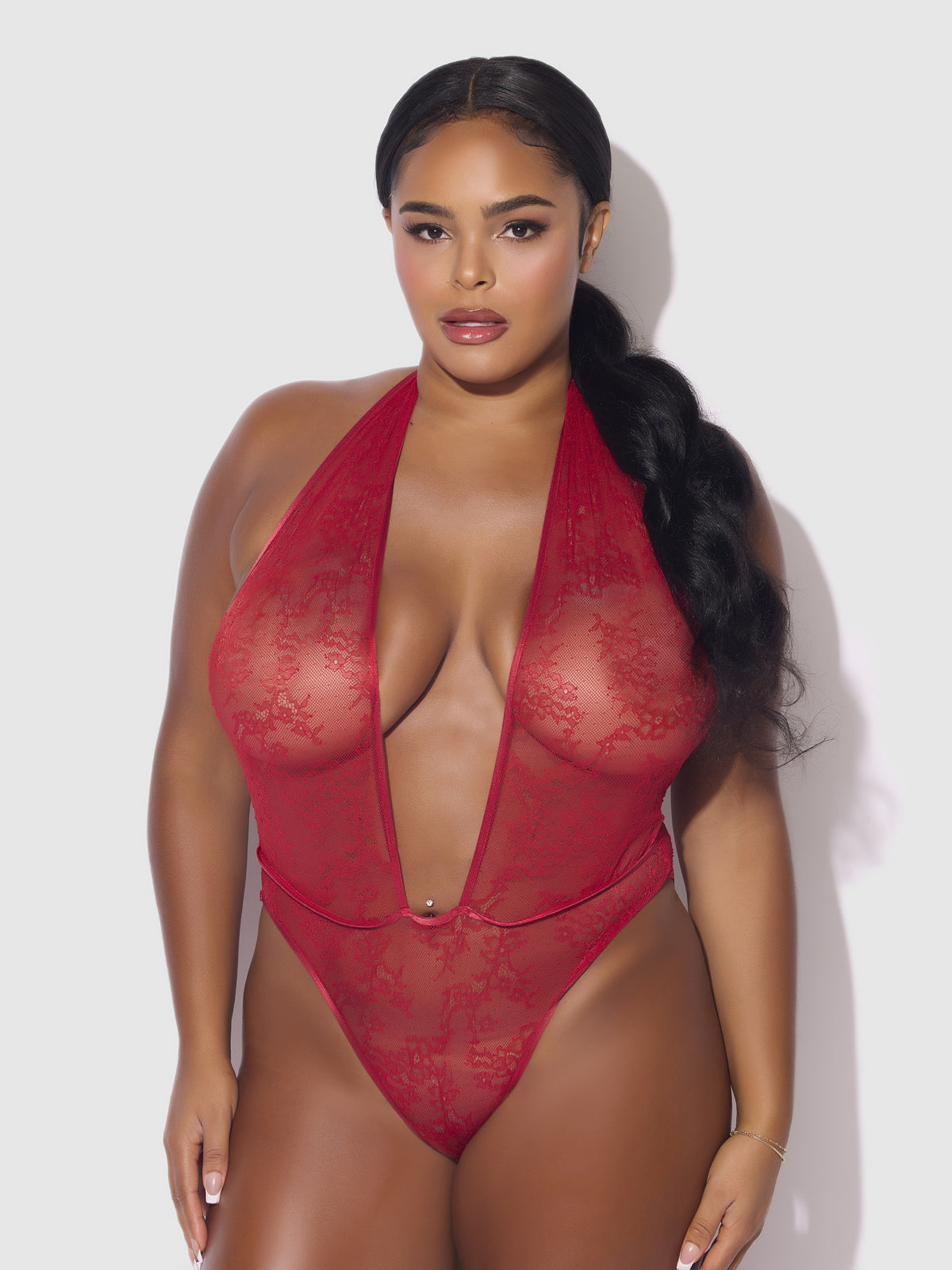 House of Desire Kiki Lace Plunge Halter Teddy - Red - product view 6