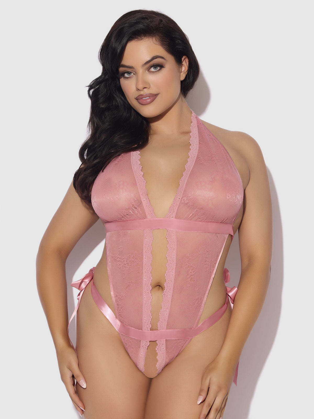 House of Desire Kiki Lace & Satin Drop Off Teddy - Pink - product view 5