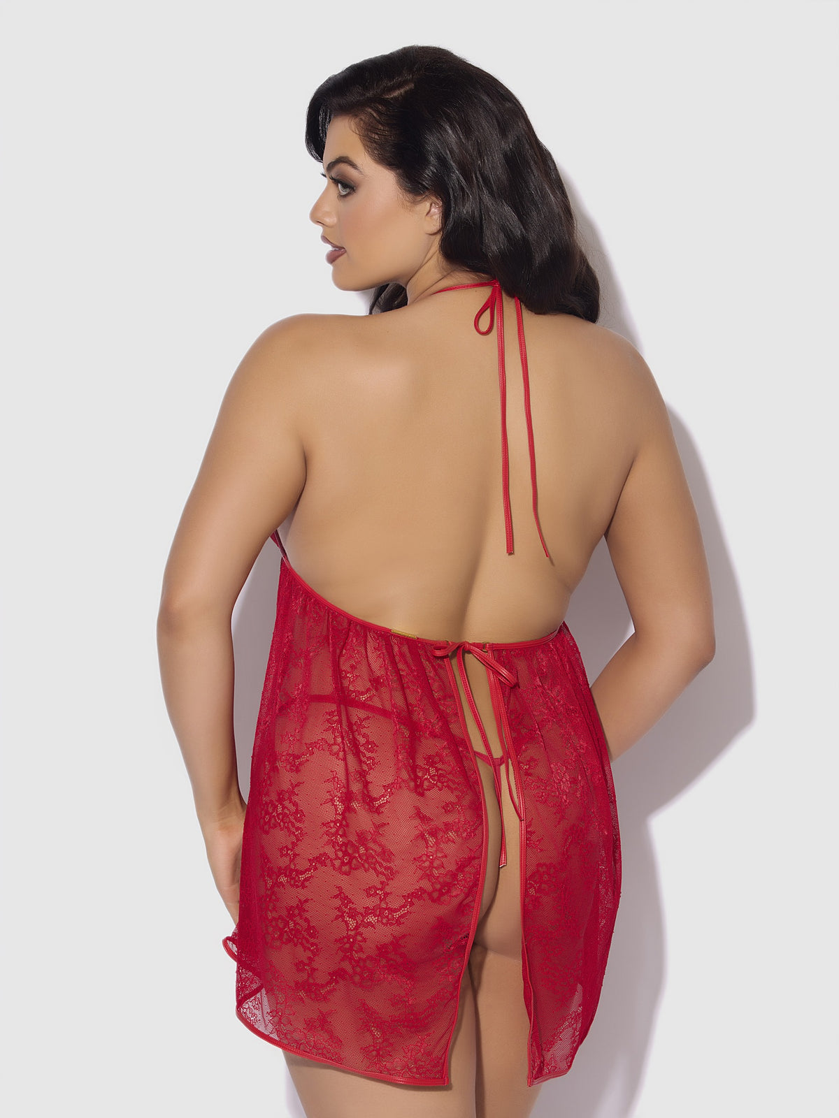 House of Desire Kiki Lace & Faux Leather Drop Off Babydoll Set - Red - product view 10