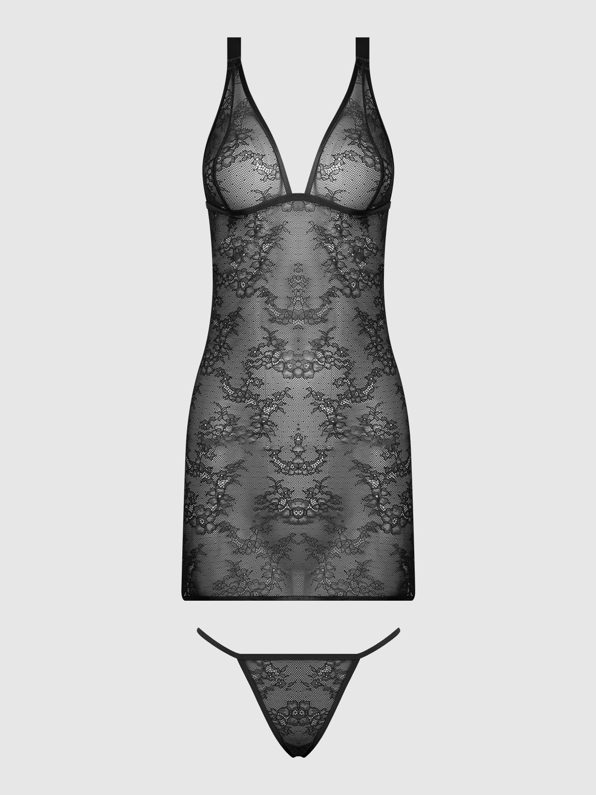 House of Desire Kiki Lace Strappy & Backless Chemise & G-String Set - Black - product view 9