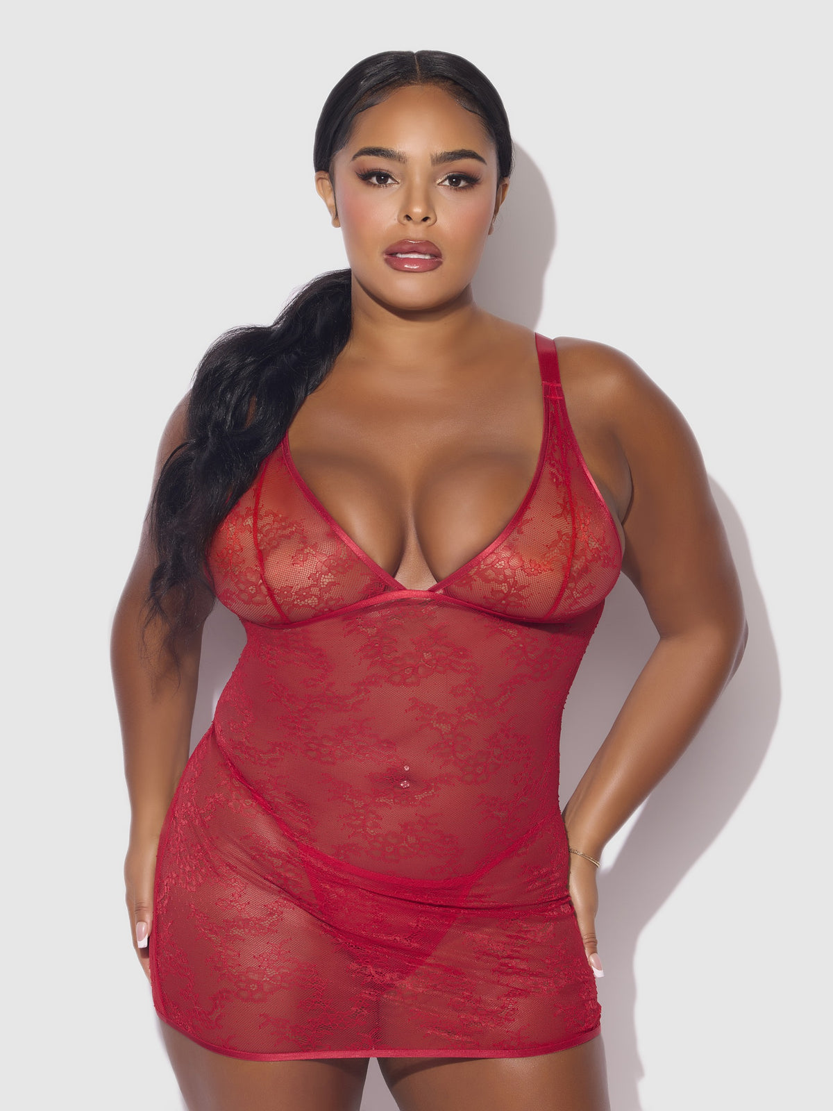 House of Desire Kiki Lace Strappy & Backless Chemise & G-String Set - Red - product view 6