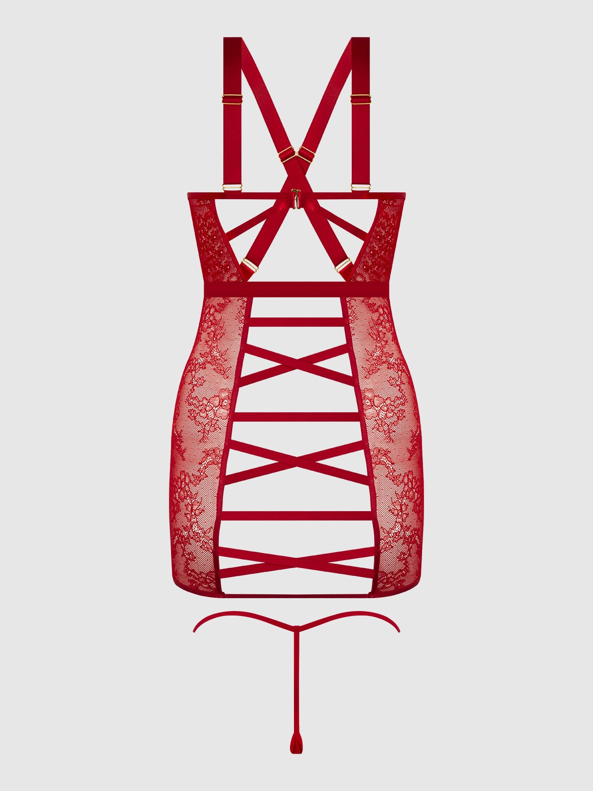 House of Desire Kiki Lace Strappy & Backless Chemise & G-String Set - Red - product view 9