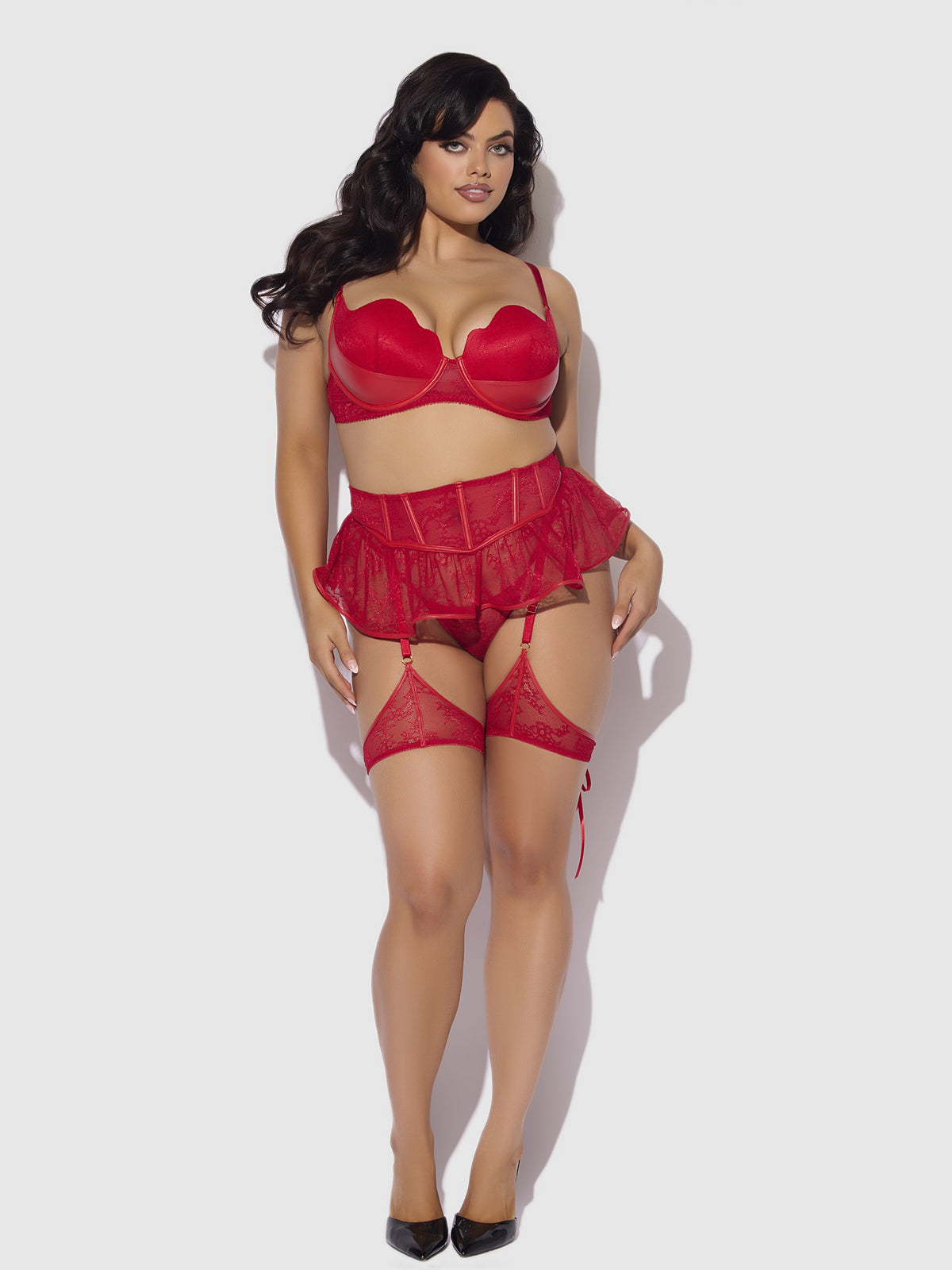 House of Desire Kiki Lace & Faux Leather Skirted Garter Belt - Red - product view 5