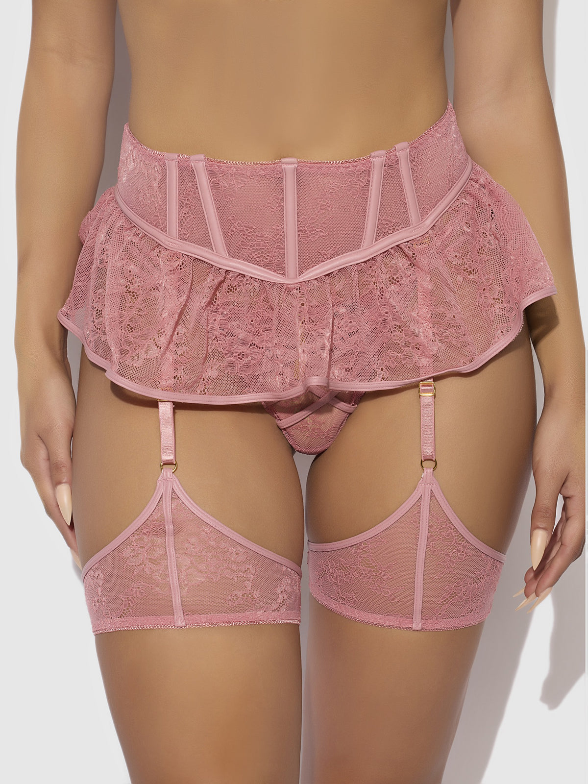 House of Desire Kiki Lace & Faux Leather Skirted Garter Belt - Pink - product view 2