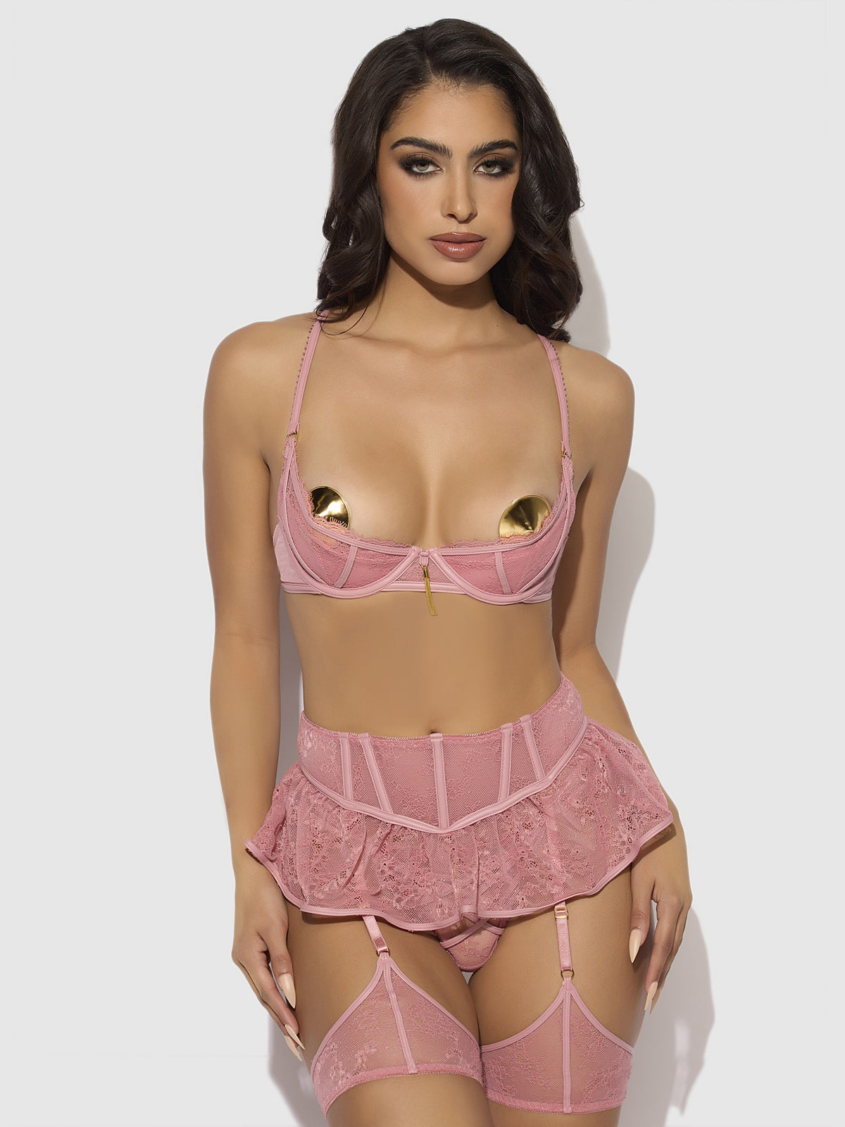House of Desire Kiki Lace & Faux Leather Skirted Garter Belt - Pink - product view 10