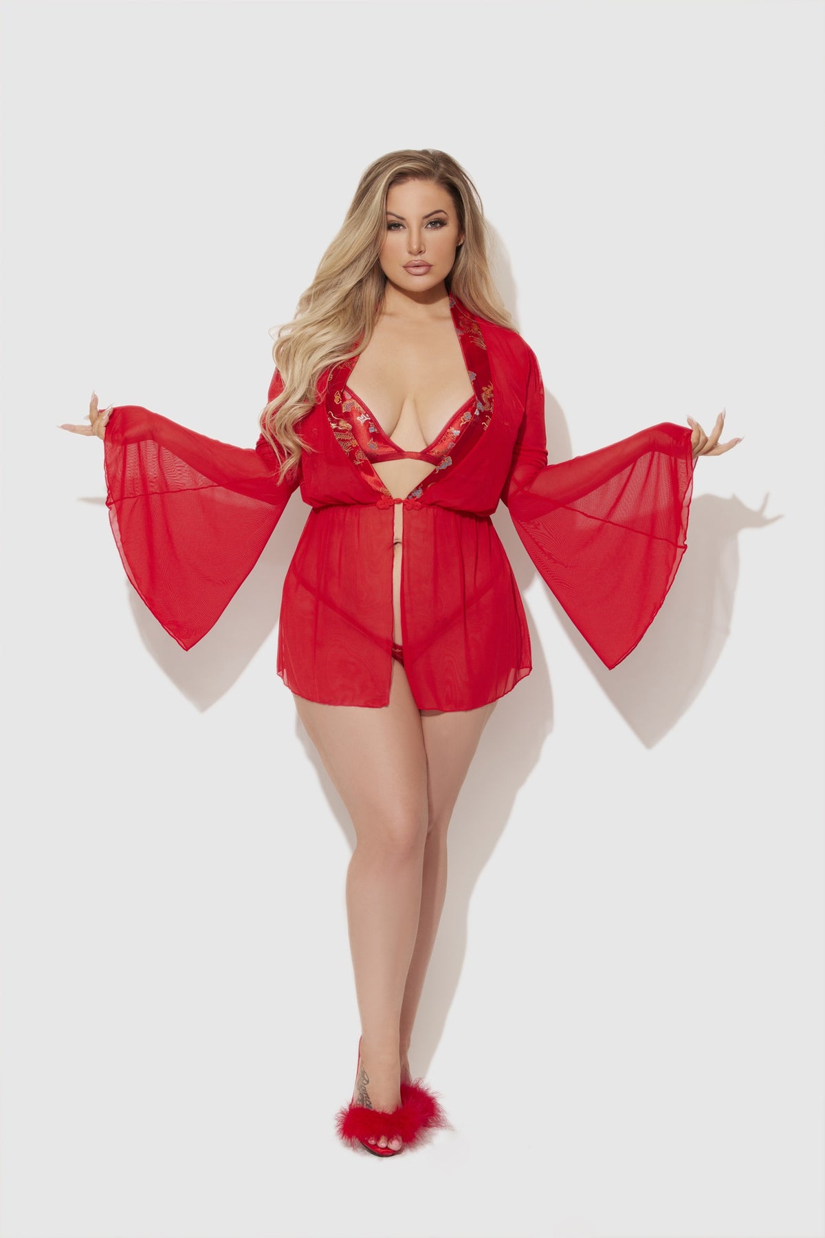 House of Desire Dragon Sheer Robe with Satin Bra & G-String Set - Red - product view 2