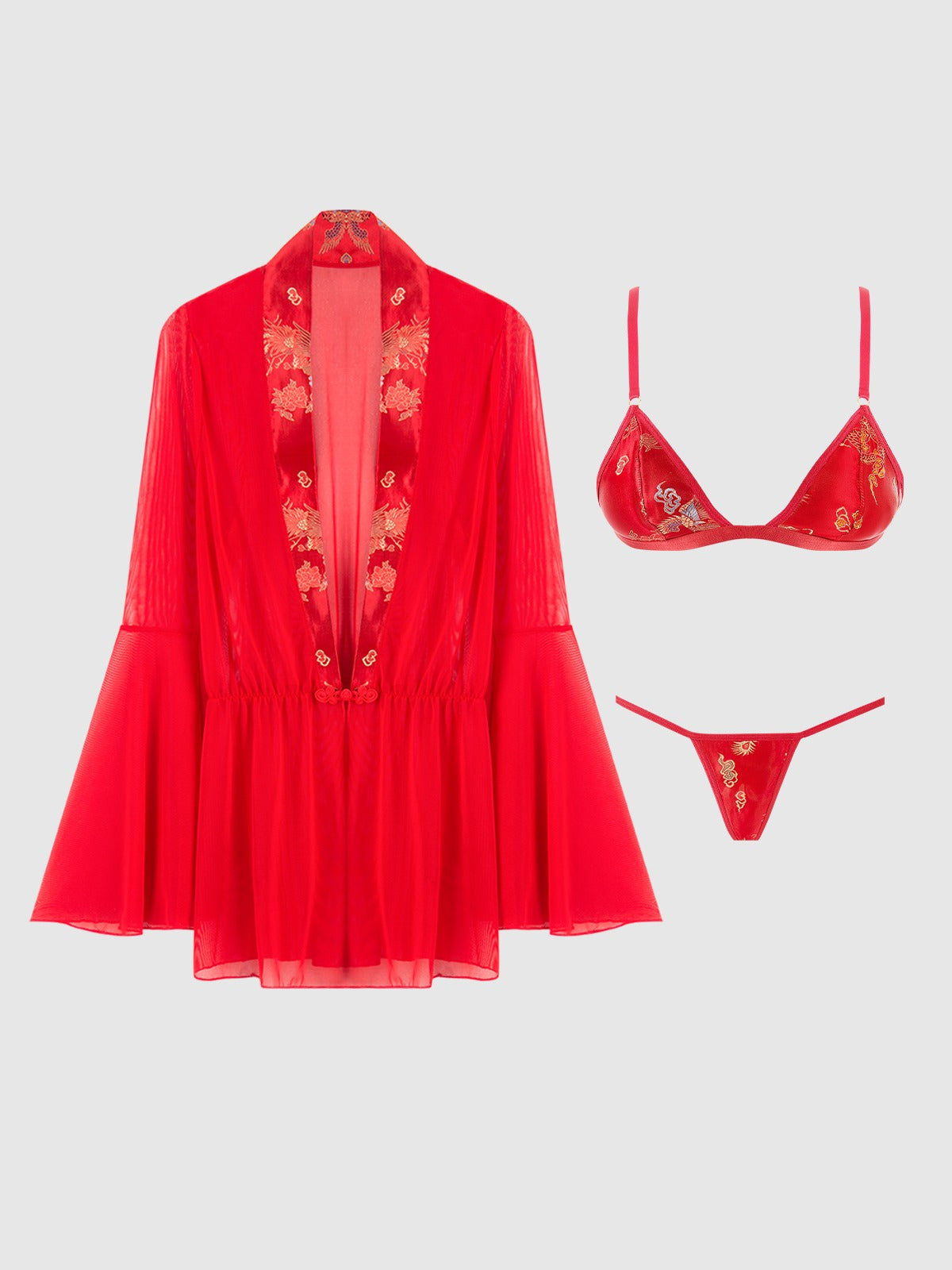 House of Desire Dragon Sheer Robe with Satin Bra & G-String Set - Red - product view 4