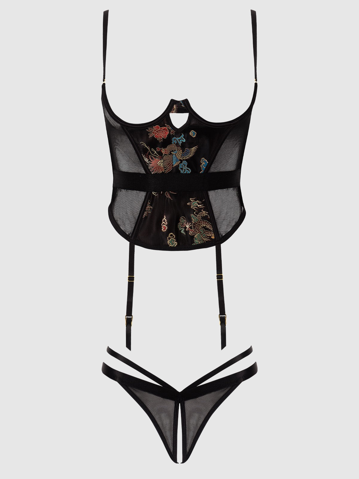 House of Desire Dragon Satin Open Cup Corset & Crotchless Thong Set - Black - product view 5