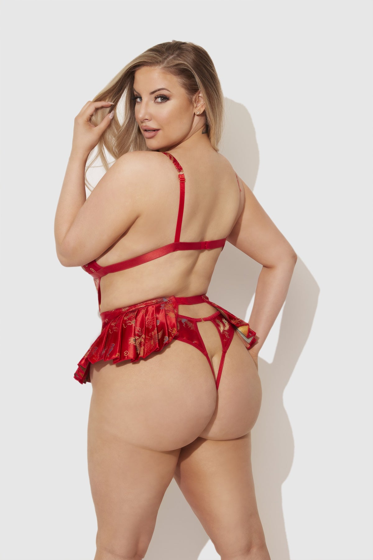 House of Desire Dragon Satin Skirted Teddy - Red - product view 4