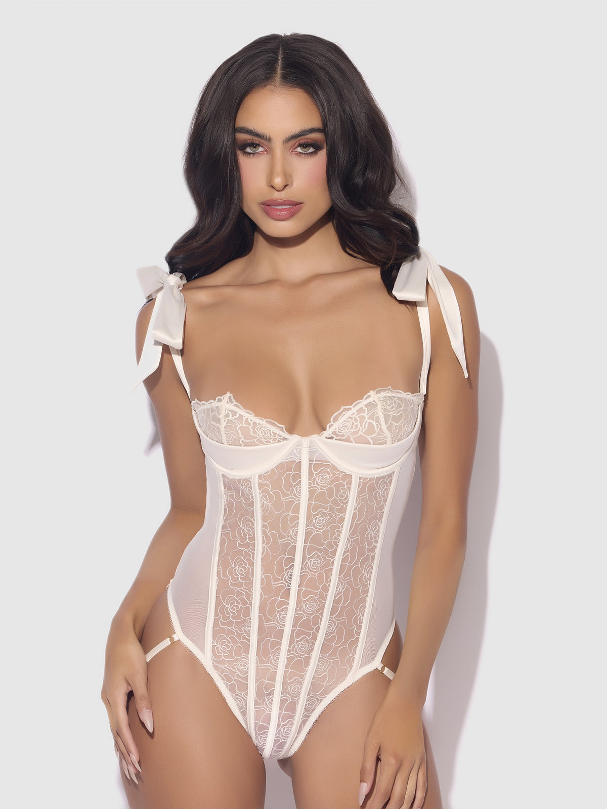 House of Desire Rosalie Embroidered Lace Teddy - White - product view 2