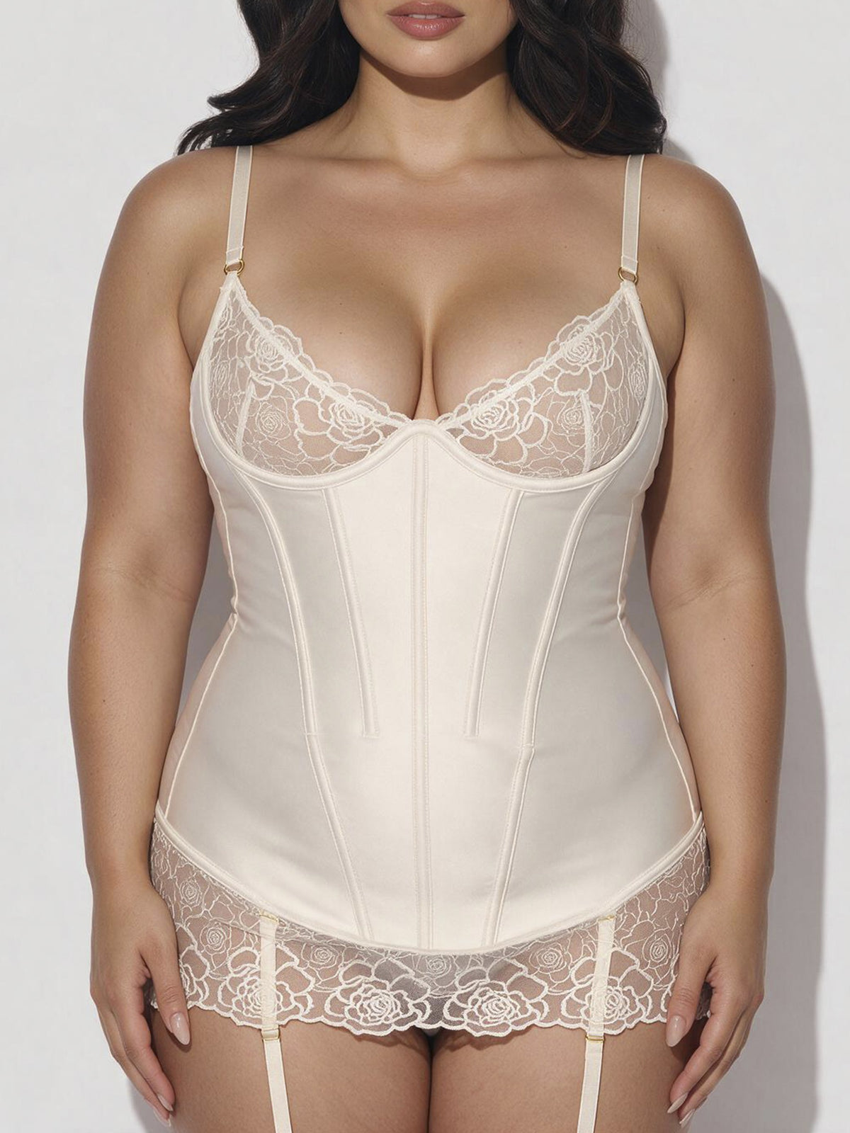 House of Desire Rosalie Satin & Embroidered Lace Chemise & G-String Set - White - product view 6