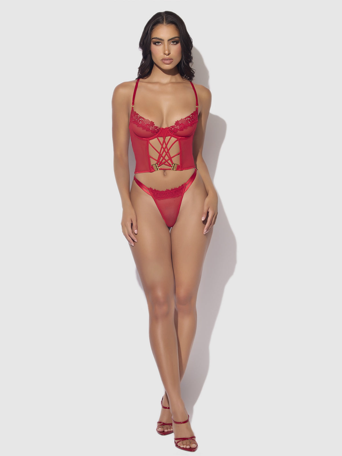House of Desire Ashley Alexiss Lace Bustier & G-String Set - Red - model wearing the product