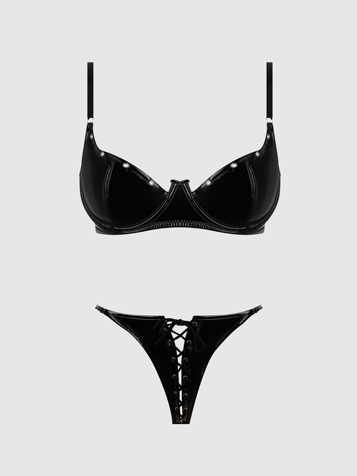 House of Desire Trinity Patent Bra & Lace Up Crotchless Panty Set - Black - product view 8