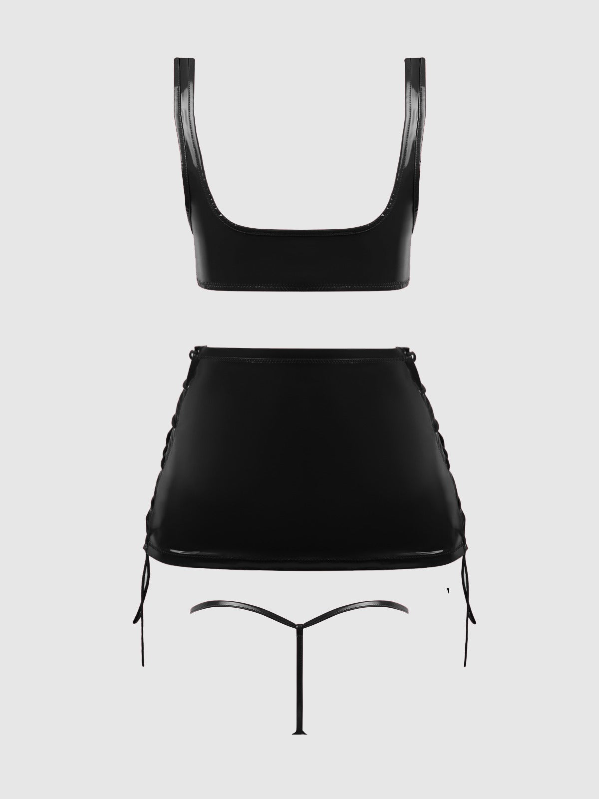 House of Desire Trinity Patent Lace Up Bralette, Skirt & G-String Set - Black - product view 9