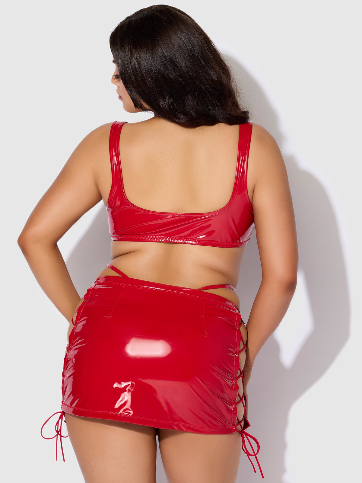 House of Desire Trinity Patent Lace Up Bralette, Skirt & G-String Set - Red - product view 7