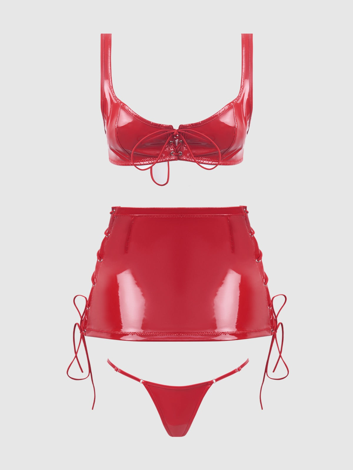 House of Desire Trinity Patent Lace Up Bralette, Skirt & G-String Set - Red - product view 9