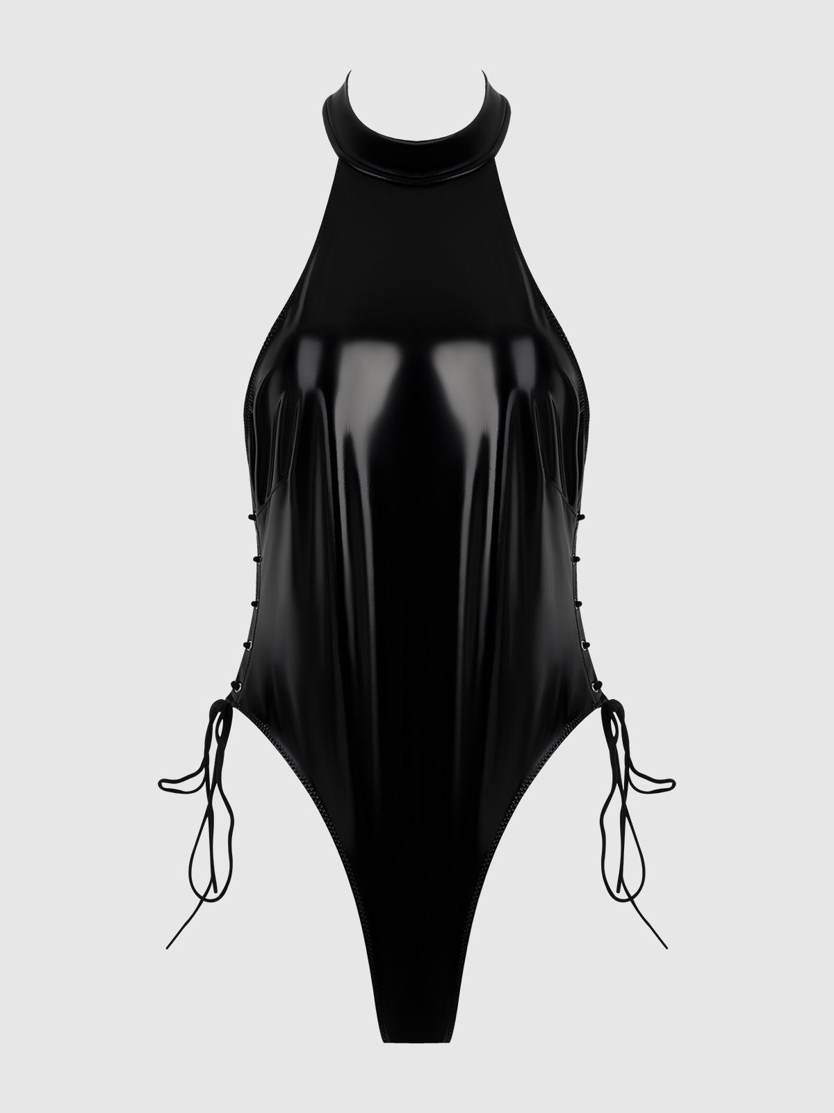House of Desire Trinity Patent Lace Up Halter Teddy - Black - product view 9