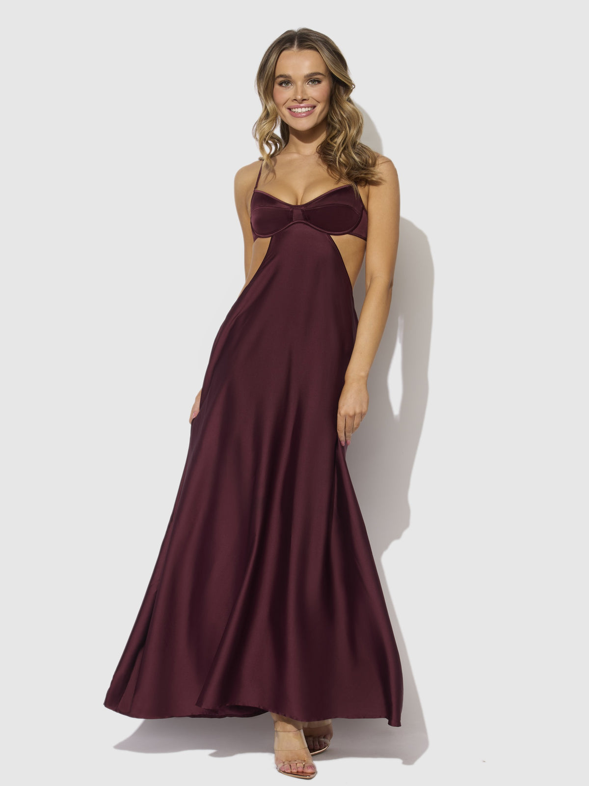 House of Desire Brigeta Satin Mono Wire Long Gown - Red - model wearing the product