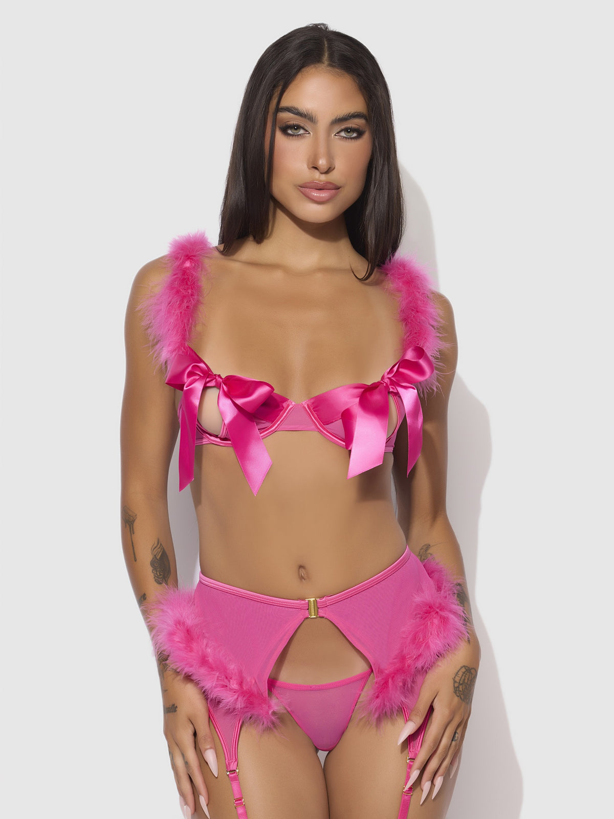 House of Desire Marilyn Marabou & Mesh Openable Bra, Garter, & G-String Set - Pink - product view 2