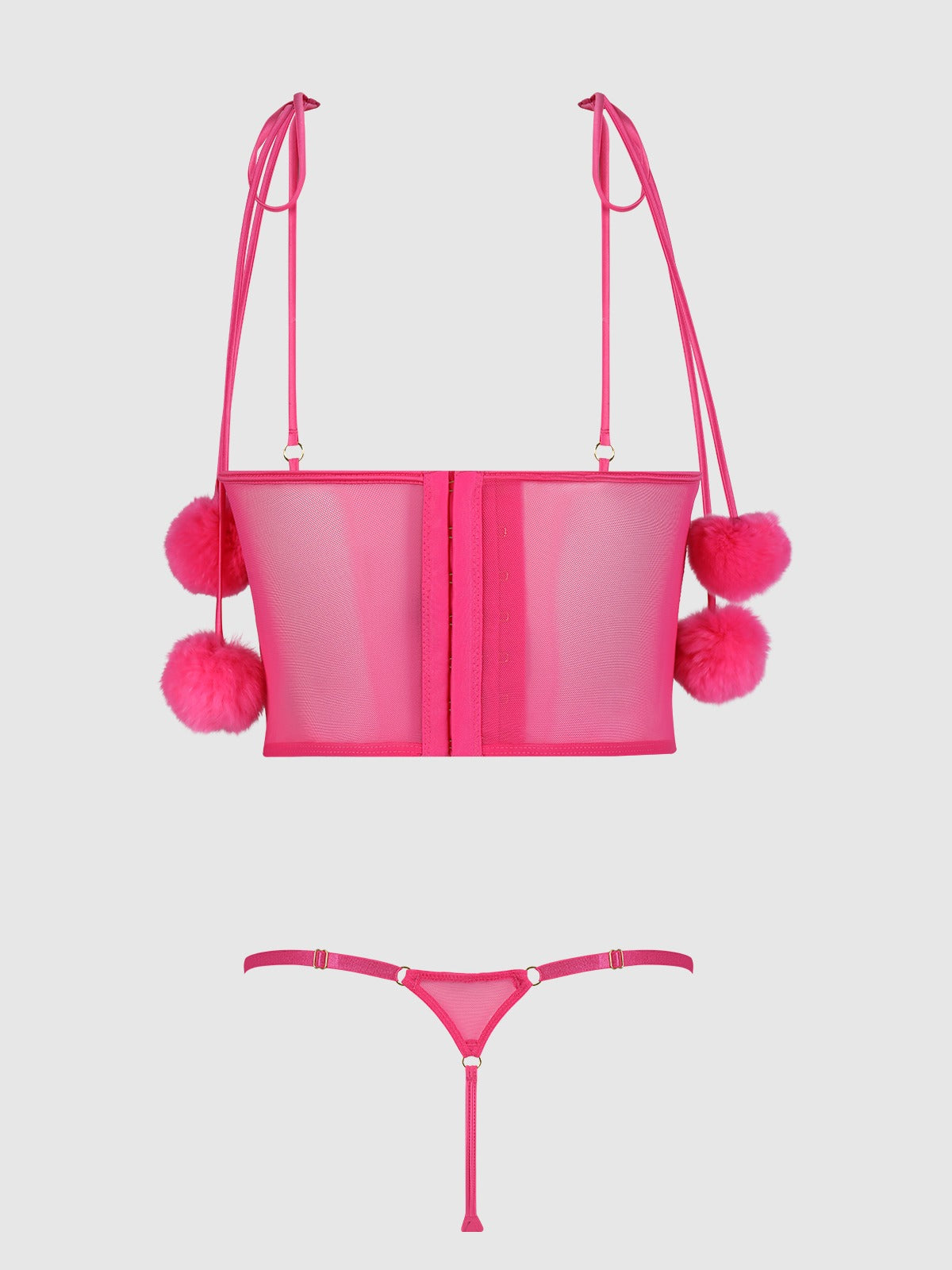 House of Desire Marilyn Marabou & Mesh Tie Shoulder Bustier & G-String Set - Pink - product view 4