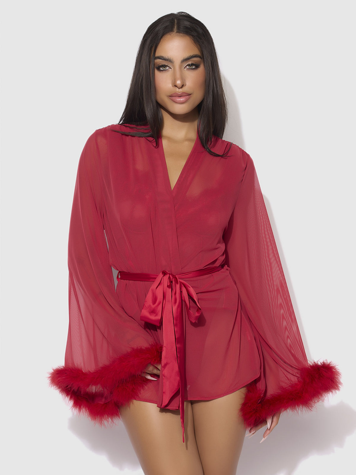 House of Desire Marilyn Marabou & Mesh Short Robe - Red - product view 3