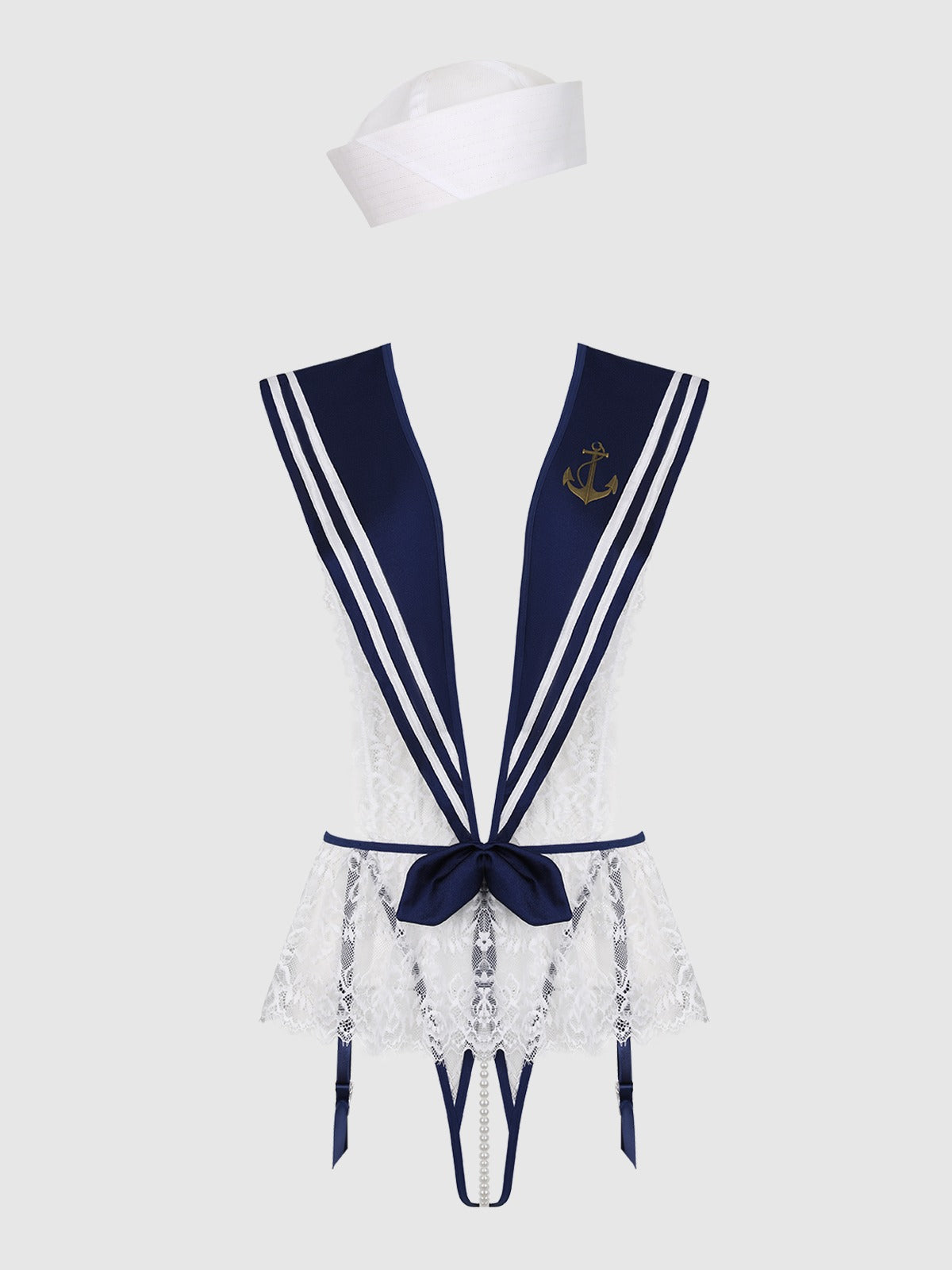 House of Desire High Tied Sailor Crotchless Teddy with Hat - Multicolor - product view 5