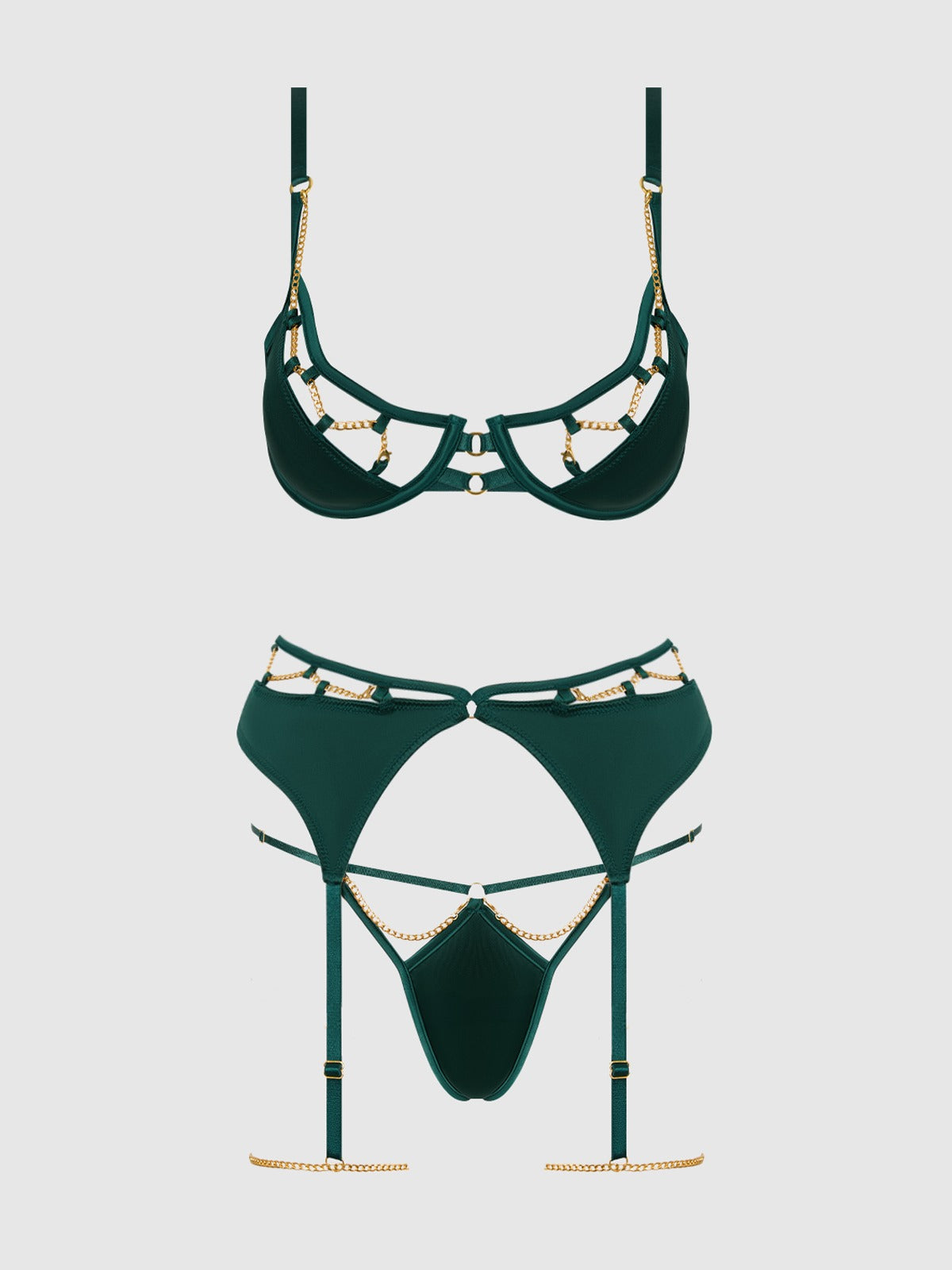 House of Desire Evangeline Satin & Chain Bra, Thigh Garter & G-String Set - Green - product view 4