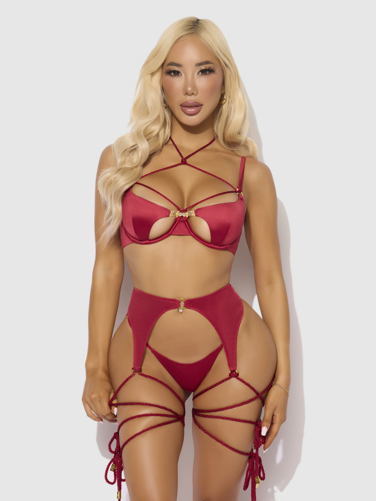 House of Desire Iryna Silky Micro & Rope Bra, Garter & Thong Set - Red - product view 2