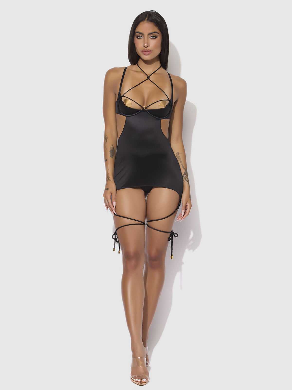 House of Desire Iryna Silky Micro & Rope Open Back Chemise & G-String Set - Black - model wearing the product
