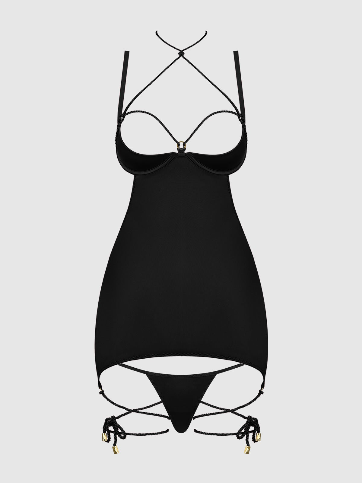 House of Desire Iryna Silky Micro & Rope Open Back Chemise & G-String Set - Black - product view 5