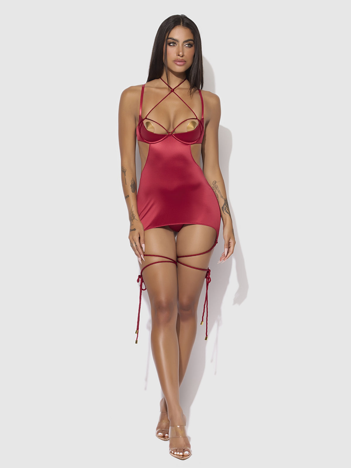 House of Desire Iryna Silky Micro & Rope Open Back Chemise & G-String Set - Red - model wearing the product