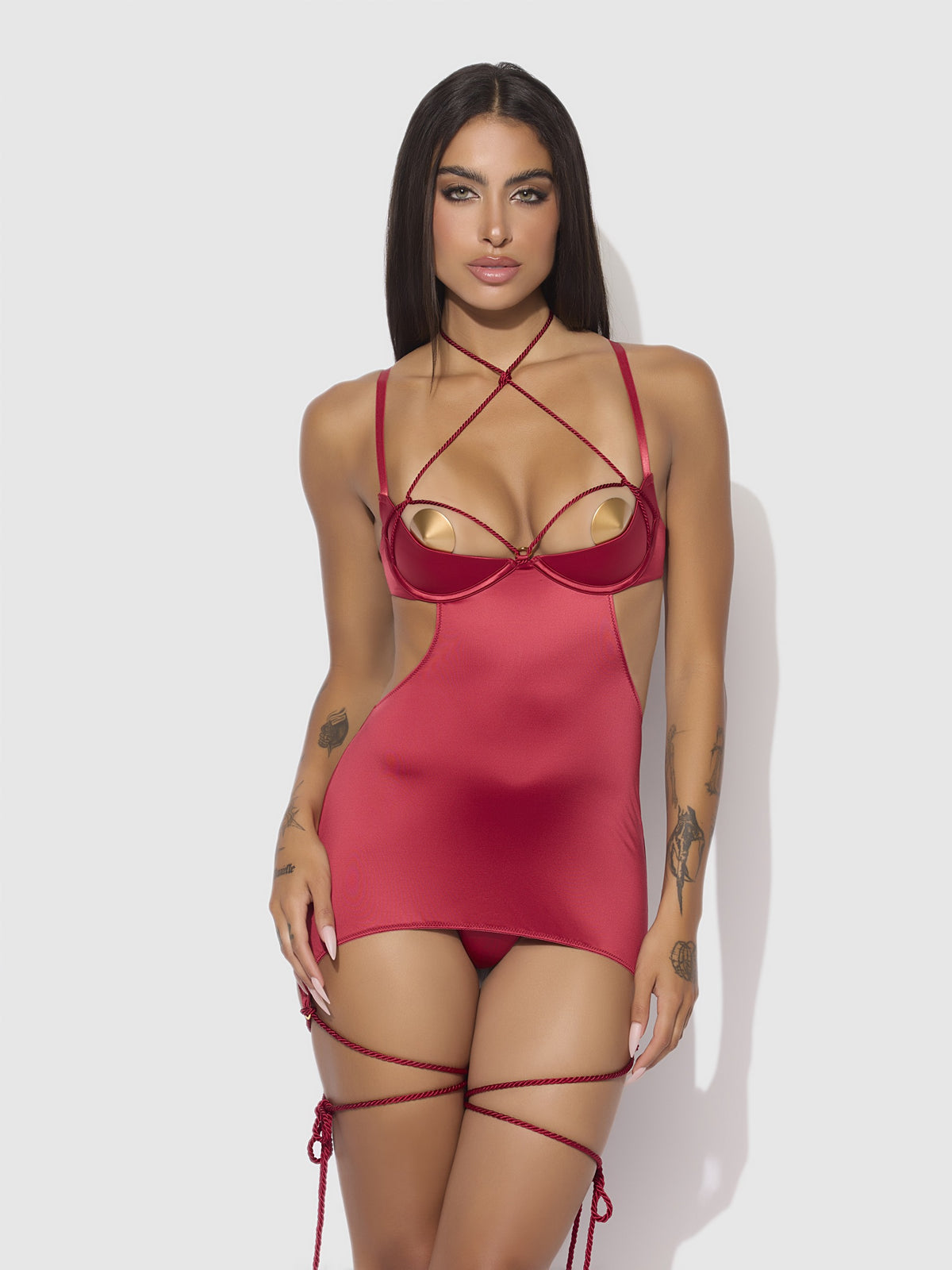 House of Desire Iryna Silky Micro & Rope Open Back Chemise & G-String Set - Red - product view 2