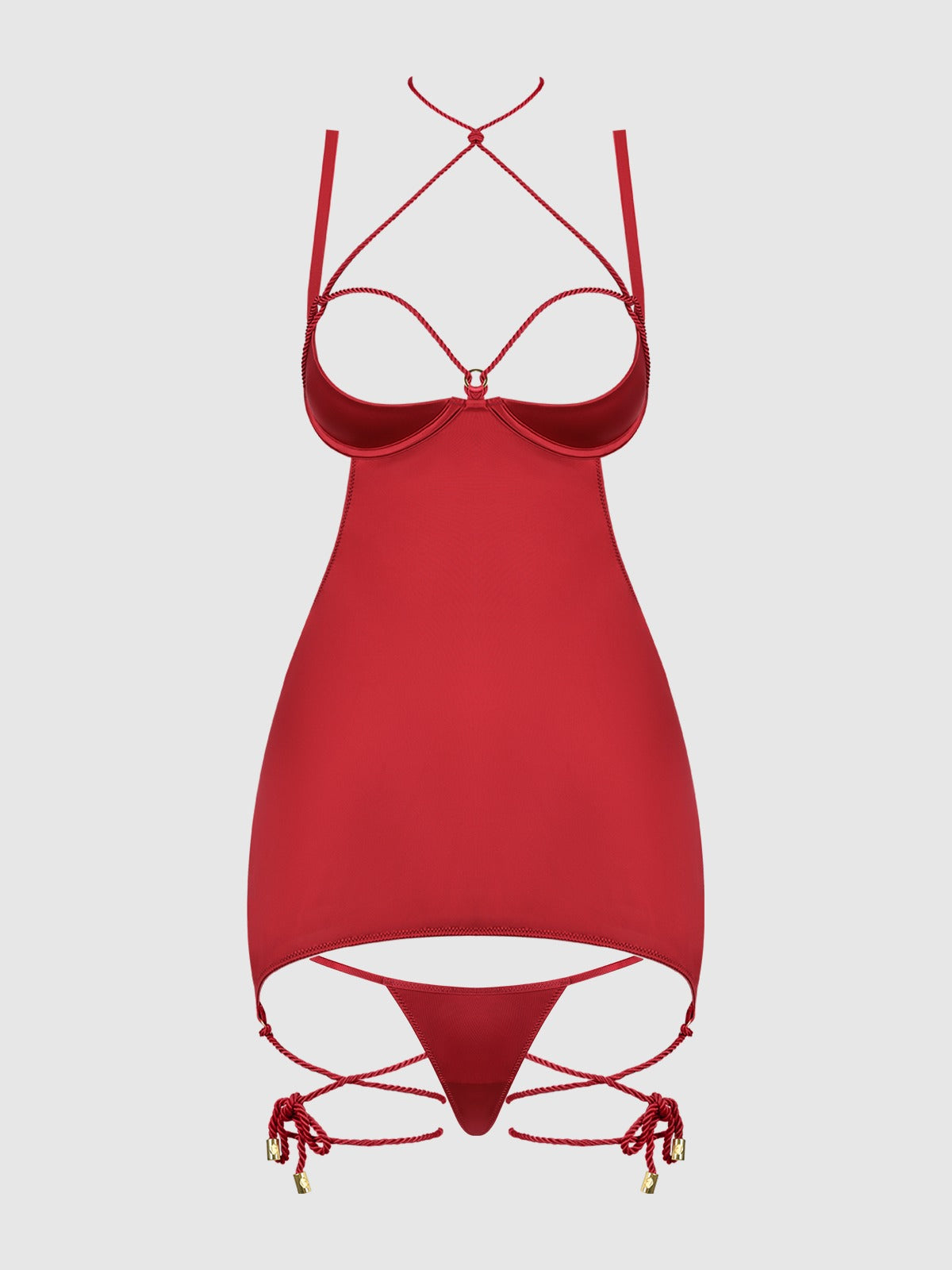 House of Desire Iryna Silky Micro & Rope Open Back Chemise & G-String Set - Red - product view 5