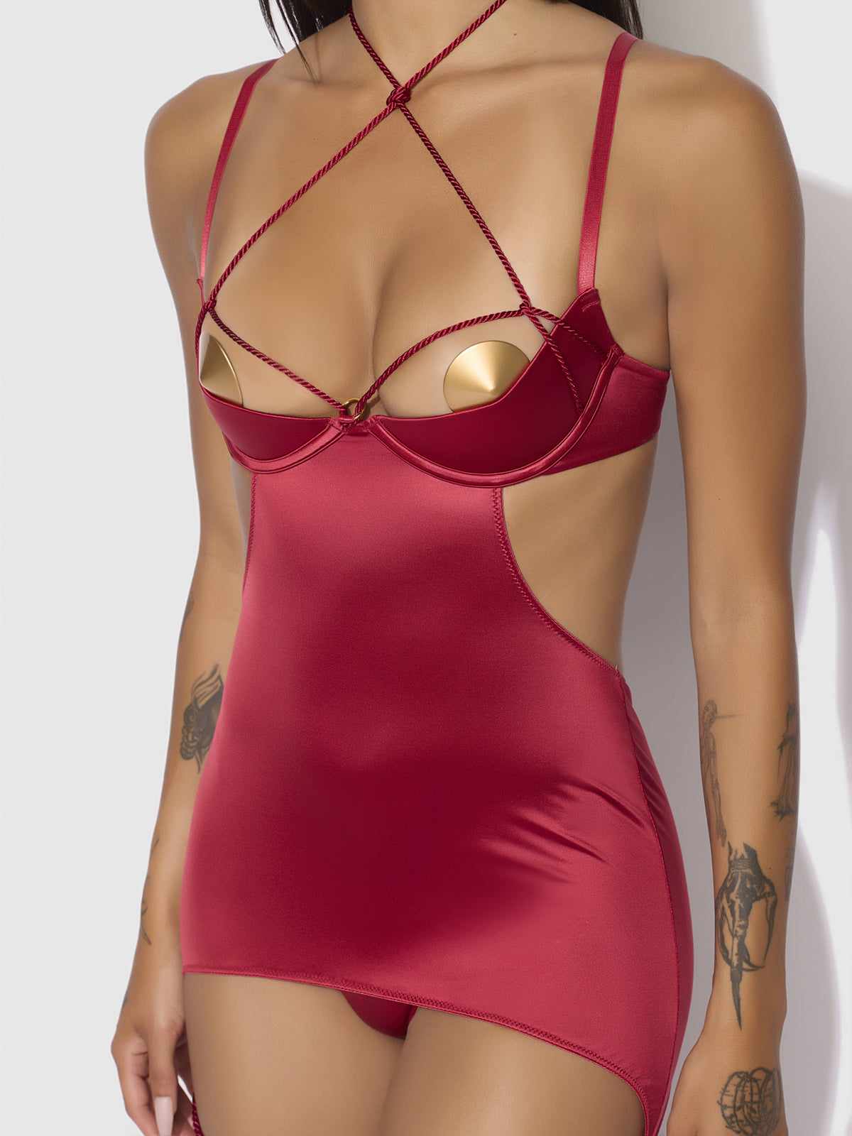 House of Desire Iryna Silky Micro & Rope Open Back Chemise & G-String Set - Red - product view 7