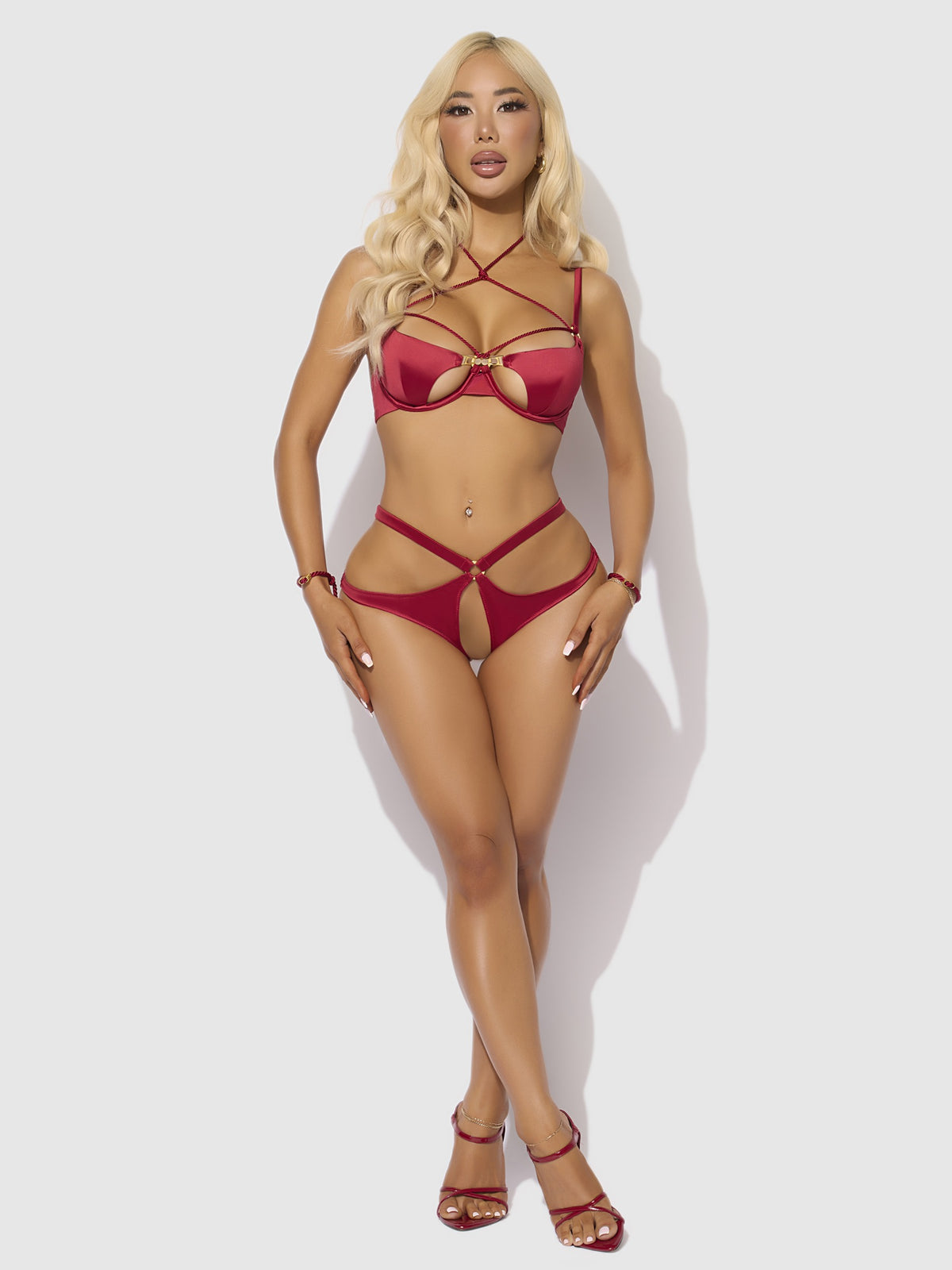 House of Desire Iryna Silky Micro & Rope Crotchless & Hand Cuff Hipster - Red - model wearing the product