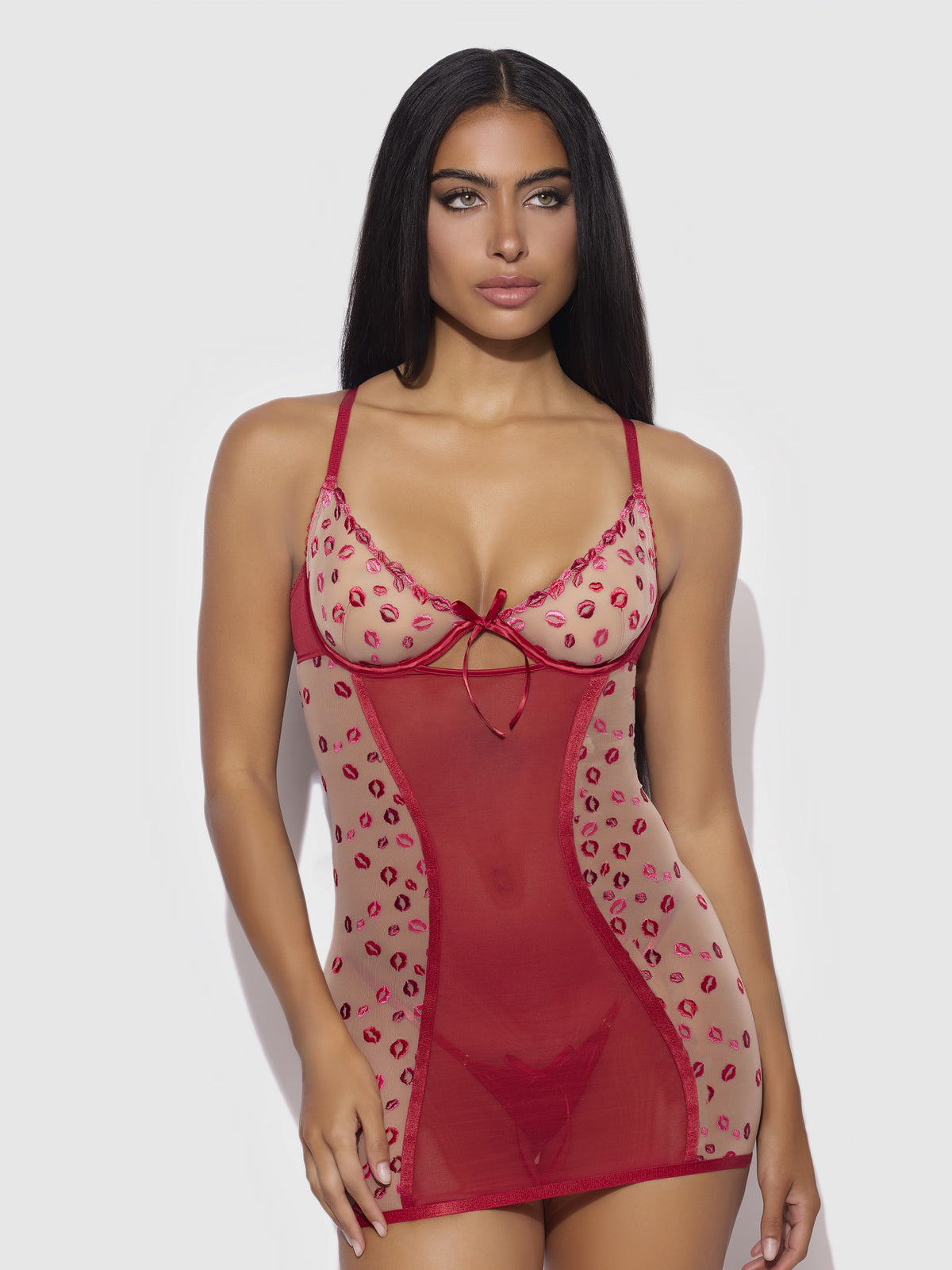 House of Desire Angelina Lips Embroidery Bow Back Chemise Set - Red - product view 2
