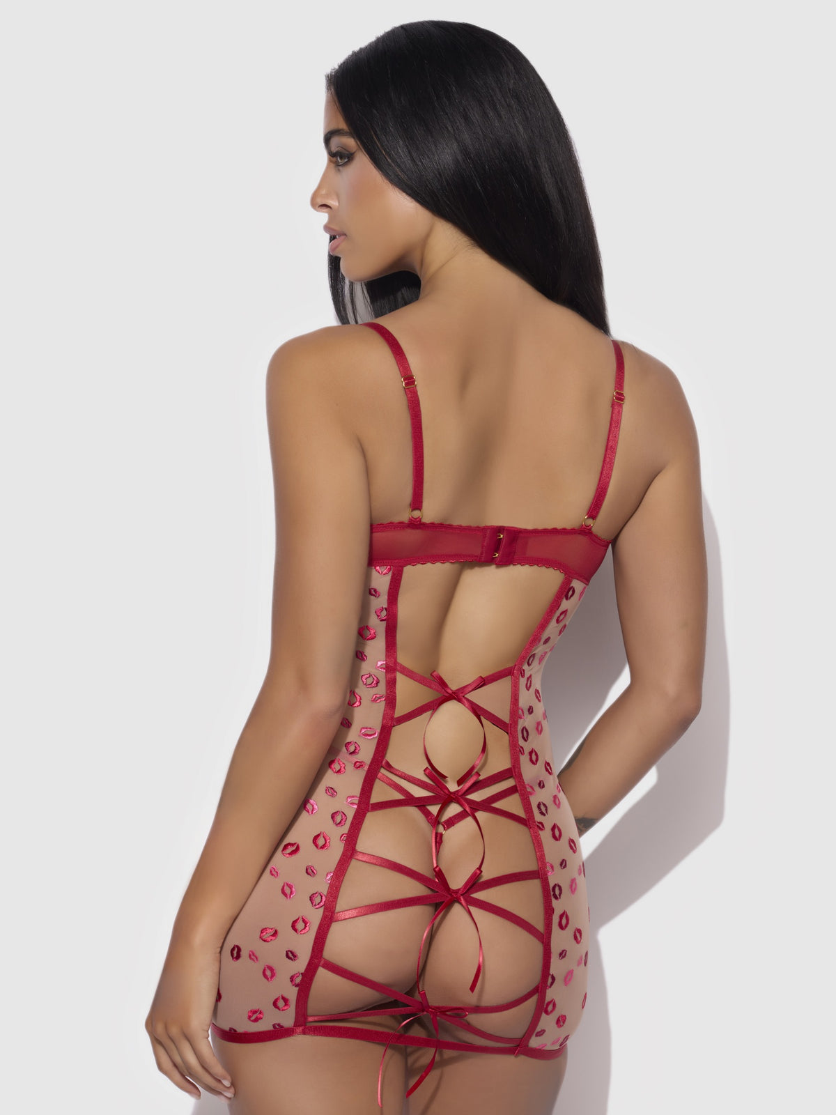 House of Desire Angelina Lips Embroidery Bow Back Chemise Set - Red - product view 3