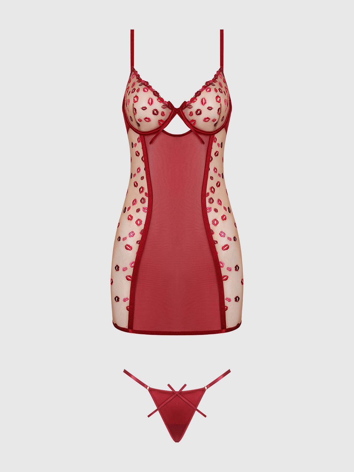 House of Desire Angelina Lips Embroidery Bow Back Chemise Set - Red - product view 5