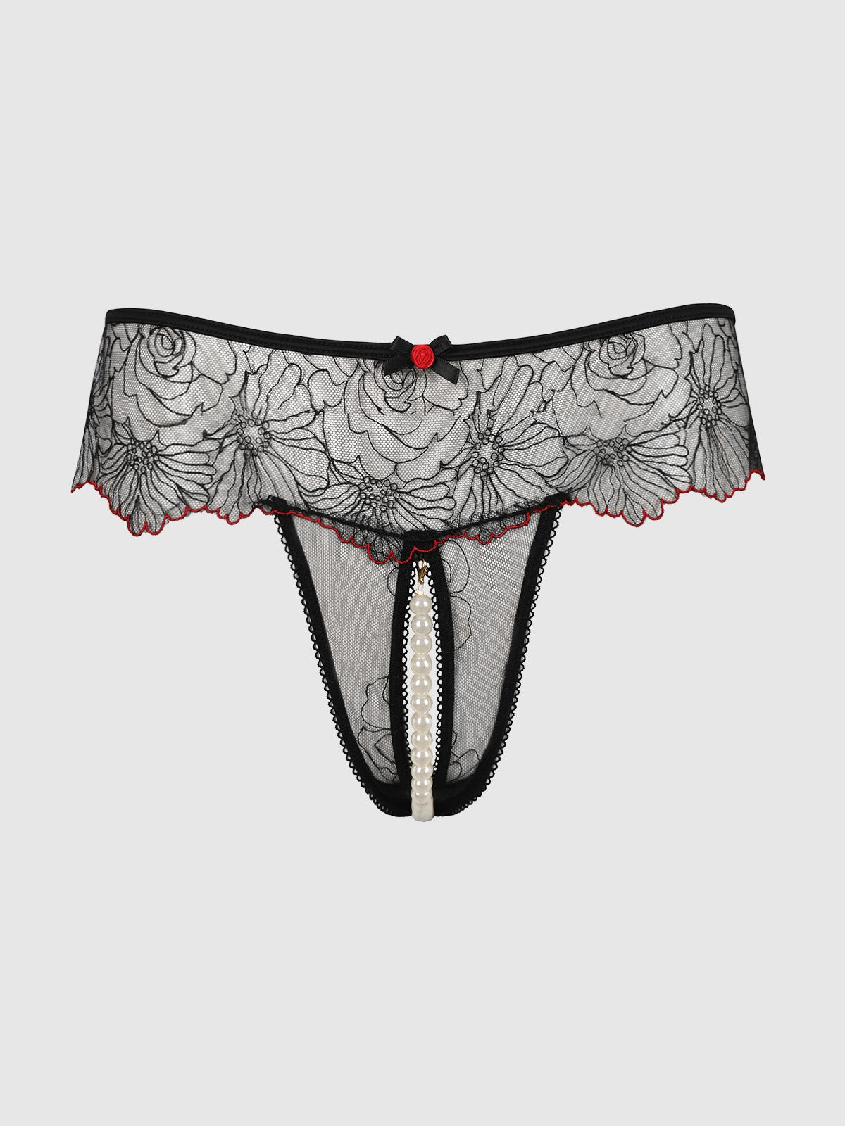 House of Desire Ilena Embroidered Tulle & Pearl Crotchless Thong - Black - product view 5
